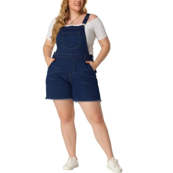 Agnes Orinda Blue Stretch Denim Frayed Hem Overall Shorts  Size 2X (22) - Picture 1 of 4